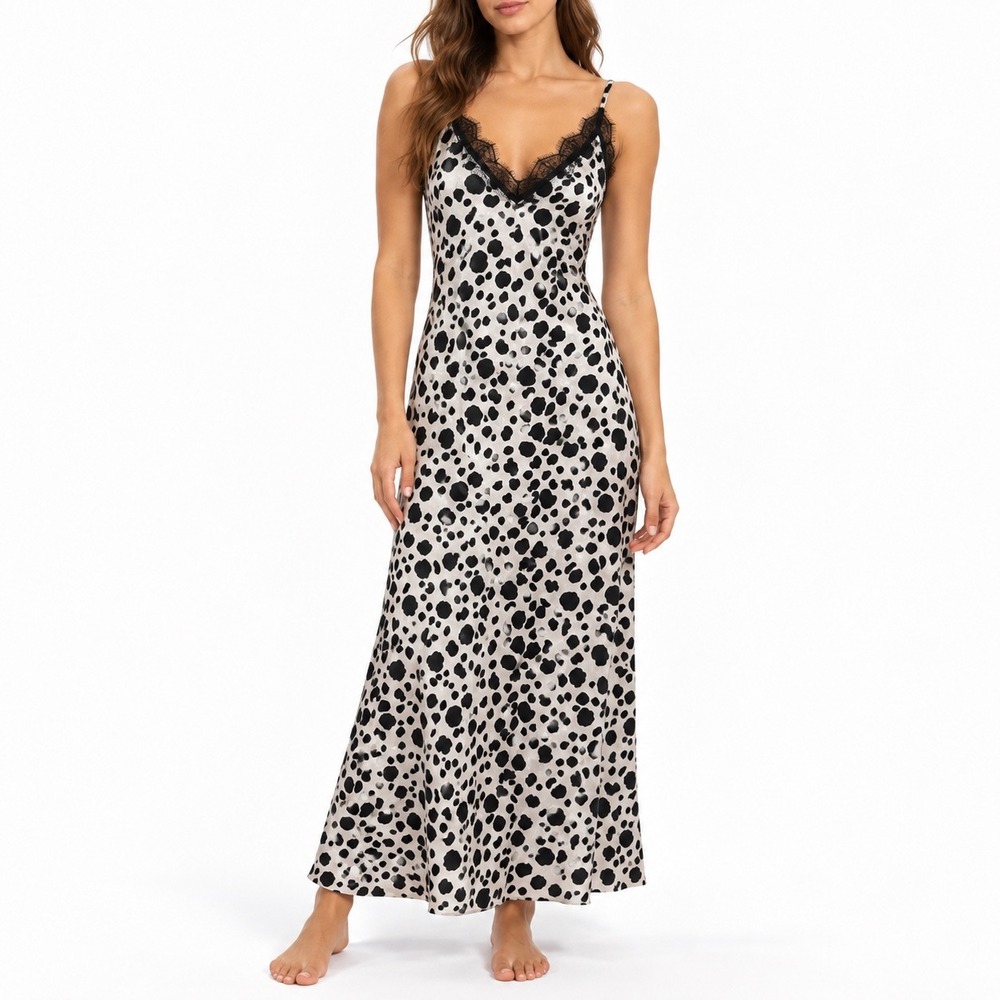 Anthropologie Animal Print Lace Trim Midi Slip Dress Medium Black White